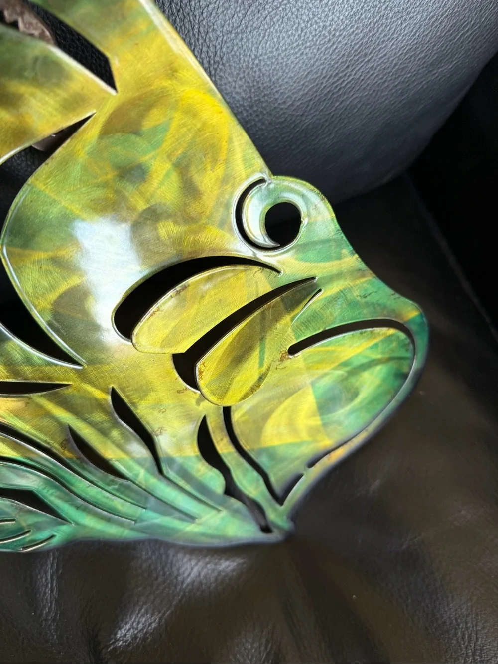 3D Cut Steel Bass Fish Wall Art - Green Yellow Metal Fish Sculpture